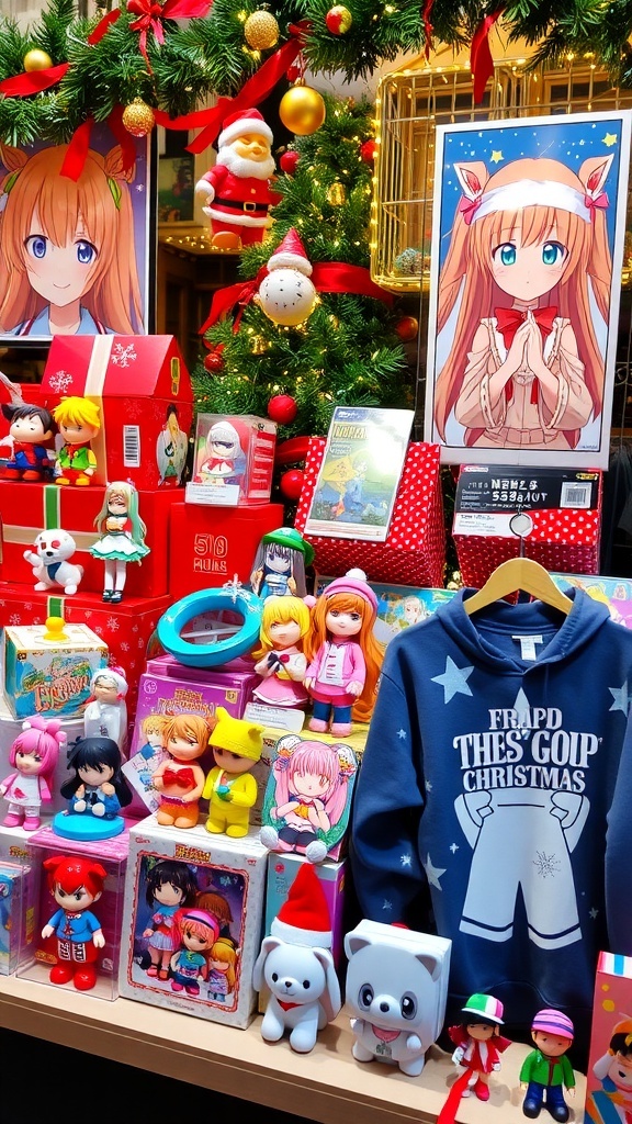 Anime-Themed Christmas Gift Ideas A collection of anime gifts including figurines, posters, and clothing arranged with Christmas decorations.